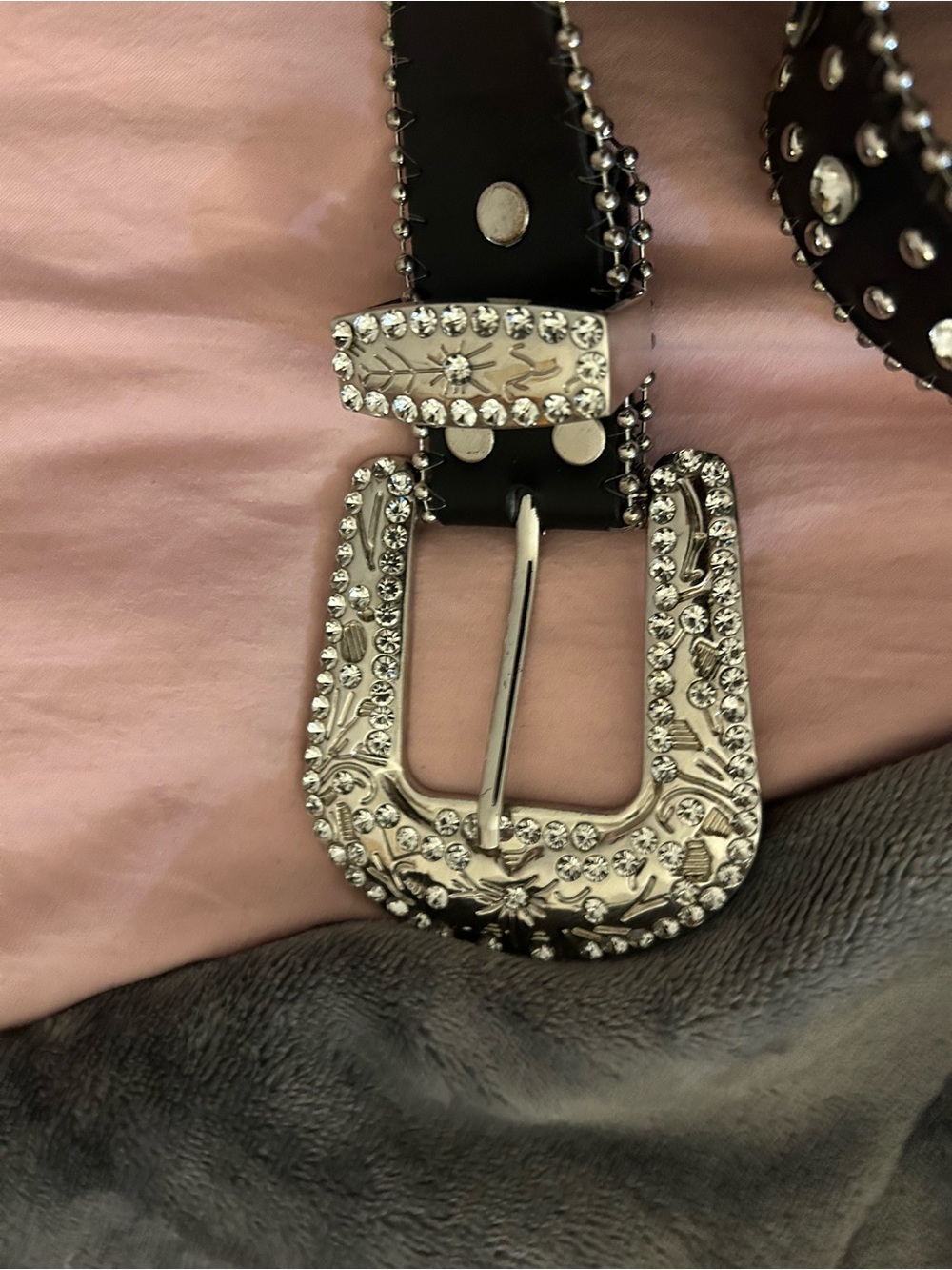 Black Studded Fleur-de-Lis Crystal Accent Belt - Picture 4 of 5